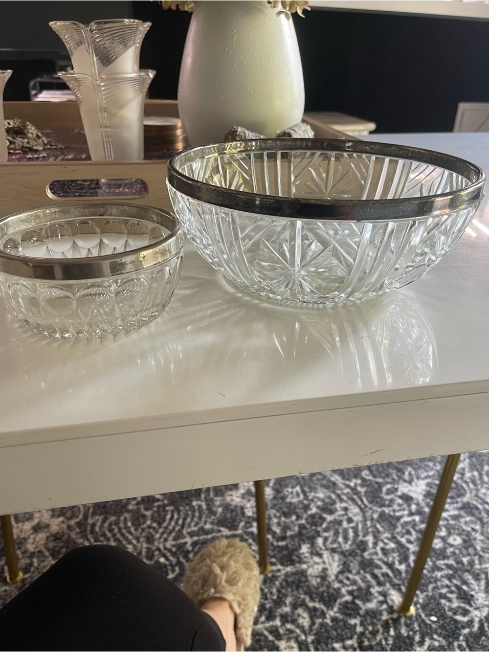Crystal Serving Bowls large/small  with Silver Rim - Clear
